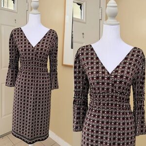 Max Studio Burgundy and Black Geometric V-Neck Smocked Midi Dress Size Small